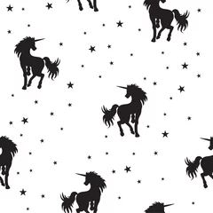 Foto op Plexiglas Eenhoorn naadloze patroon magische eenhoorn en sterren op witte achtergrond, vectorillustratie