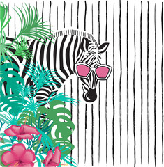 funny zebra in sunglasses in tropical leaves on a striped background, blank space for your inscription, vector illustration