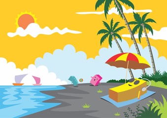 Cartoon illustration, a box people in the beach enjoying sunset, vector eps 10