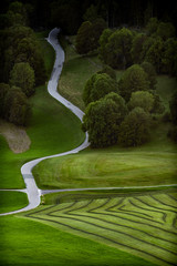 Gyrose street leading into the forrest. Street surrounded by freshly mowed grass.