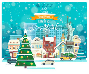 Merry Christmas and Happy New Year in New York. Greeting festive card from the USA. Winter snowing city with cute cozy houses and snowflakes.