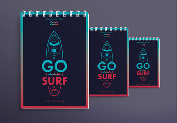 Notebook Cover Layout Set with Surfboard And Wave Elements