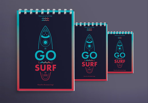 Notebook Cover Layout Set with Surfboard And Wave Elements
