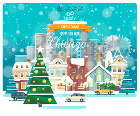 Merry Christmas and Happy New Year in Chicago. Greeting festive card from the USA. Winter snowing city with cute cozy houses and snowflakes.