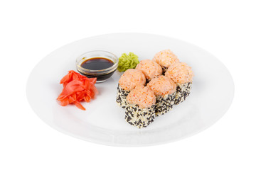 Sushi, rolls, uramaki with sesame, lava sauce, tobiko caviar, raw seafood, soy sauce, marinated ginger and wasabi, food on plate, white isolated background Side view For the menu, restaurant, bar cafe