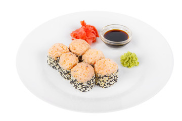 Sushi, rolls, uramaki with sesame, lava sauce, tobiko caviar, raw seafood, soy sauce, marinated ginger and wasabi, food on plate, white isolated background Side view For the menu, restaurant, bar cafe
