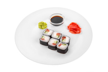 Sushi, rolls, hosomaki, with salmon, avocado, cucumber and Philadelphia cheese, raw seafood, soy sauce, marinated ginger and wasabi, food on plate, white isolated background Side view For the menu