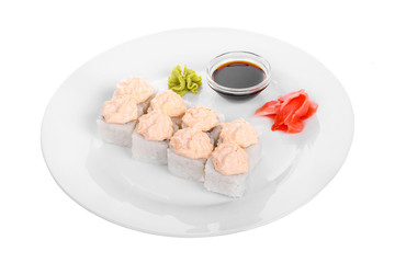 Sushi, rolls, uramaki Alaska, lava sauce, tobiko caviar, raw seafood, soy sauce, marinated ginger and wasabi, food on plate, white isolated background Side view. For the menu, restaurant, bar cafe
