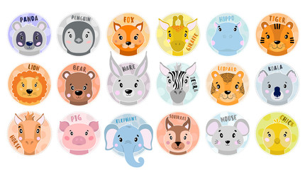 Fototapeta premium Cartoon set Vector Animals face. Panda,fox,zebra,elephant,lion,pig,bear, chick, koala, tiger,hare,leopard,horse,mouse,squirrel, giraffe, hippopotamus.
