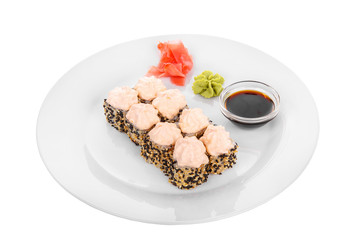 Sushi, rolls, uramaki with sesame, lava sauce, raw seafood, soy sauce, marinated ginger and wasabi, food on plate, white isolated background Side view. For the menu, restaurant, bar cafe