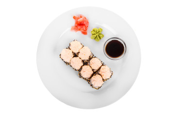 Sushi, rolls, uramaki with sesame, lava sauce, raw seafood, soy sauce, marinated ginger and wasabi, food on plate, white isolated background view from above. For the menu, restaurant, bar cafe