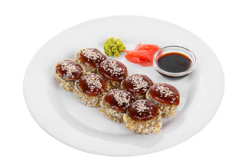 Sushi, rolls, uramaki, tempura, with teriyaki sauce, sesame, raw seafood, soy sauce, marinated ginger and wasabi, food on plate, white isolated background Side view. For the menu, restaurant bar cafe