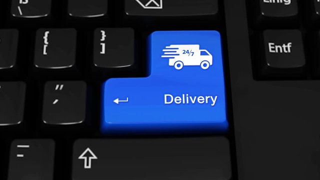 357. Delivery Rotation Motion On Blue Enter Button On Modern Computer Keyboard with Text and icon Labeled. Selected Focus Key is Pressing Animation. Delivery Services Concept