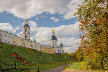 Holy Dormition man's monastery Sarovskaya Pustyn'. Outer wall and temples. Orthodox holy places....