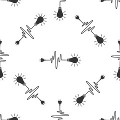 Wire plug and light bulb icon seamless pattern on white background. Plug, lamp and cord in the form of heartbeat. Concept of Electricity and lighting. Flat design. Vector Illustration