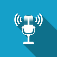 Microphone icon isolated with long shadow. On air radio mic microphone. Speaker sign. Flat design. Vector Illustration