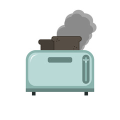 Metallic blue Toaster with two burnt pieces of bread in a flat style.