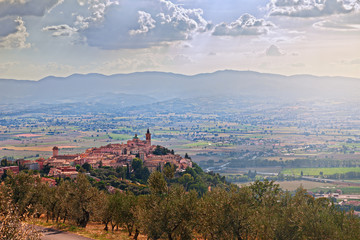Fototapeta na wymiar Trevi, Perugia, Umbria, Italy: landscape with the ancient hill town and olive trees