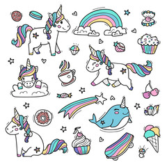 Cute unicorns whit wings in rainbow colors. Vector illustration made in cartoon style
