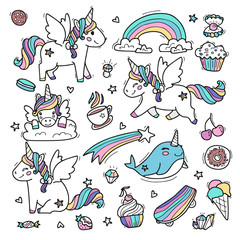 Cute unicorns with wings in rainbow colors. Vector illustration made in cartoon style