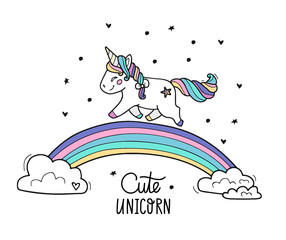 Unicorn with wings walks on the rainbow. Vector illustration made in cartoon style