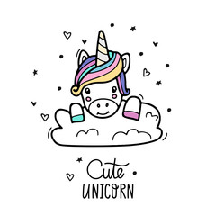 Cute unicorn behind the cloud. Vector illustration made in cartoon style