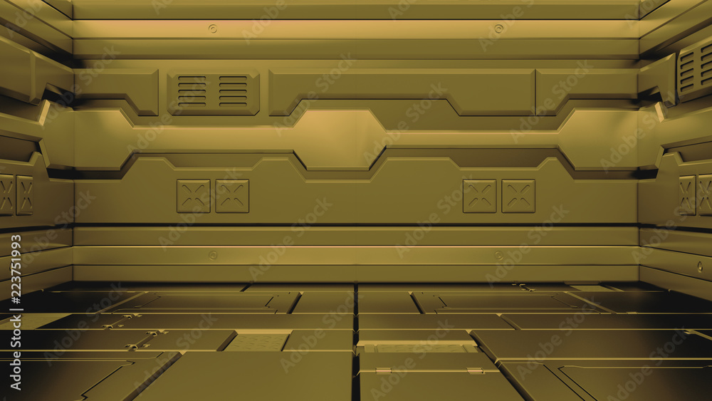 Wall mural 3d rendering of realistic sci-fi spaceship corridor