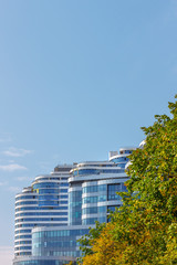 The abstract background with the blue sky, the top of modern big building and green branches of tree