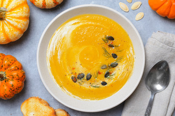 Pumpkin Soup with Cream, Dill and Pumpkin Seeds, Top View
