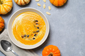 Pumpkin Soup with Cream, Dill and Pumpkin Seeds, Top View