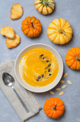 Pumpkin Soup with Cream, Dill and Pumpkin Seeds, Top View