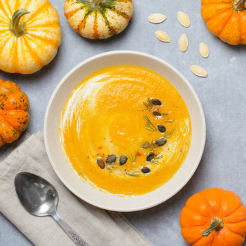 Pumpkin Soup with Cream, Dill and Pumpkin Seeds, Top View