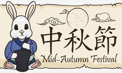 Cute Moon Rabbit Preparing Elixirs in Mid-Autumn Festival, Vector Illustration