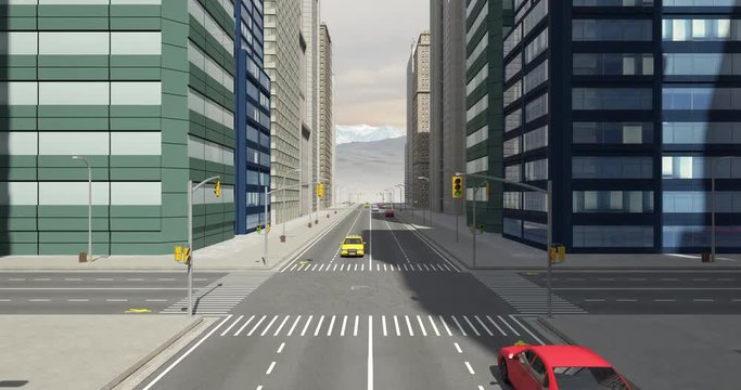 Aerial 3D City Flight Animation Over The Road - Camera Slowly Moving 4K