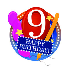 Happy birthday badge with number 9, balloons and stars for digital and mobile use