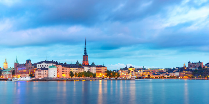Scenic night panoramic view of Riddarholmen, Gamla Stan, in the Old Town in Stockholm, capital of Sweden