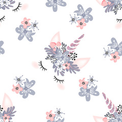 Cute unicorn head with flower crown and rosegold glitter horn  isolated on white background. Vector hand drawn illustration for card and shirt design.