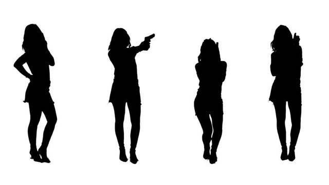 Set of sexy woman silhouettes in various situations holding, posing, aiming and shooting handgun. Full body isolated on white background. 