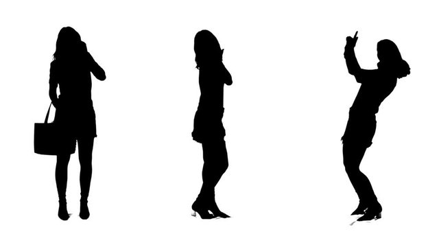 Woman silhouettes searching handbag, blowing a kiss and showing finger frame gesture. Full body isolated on white background. 