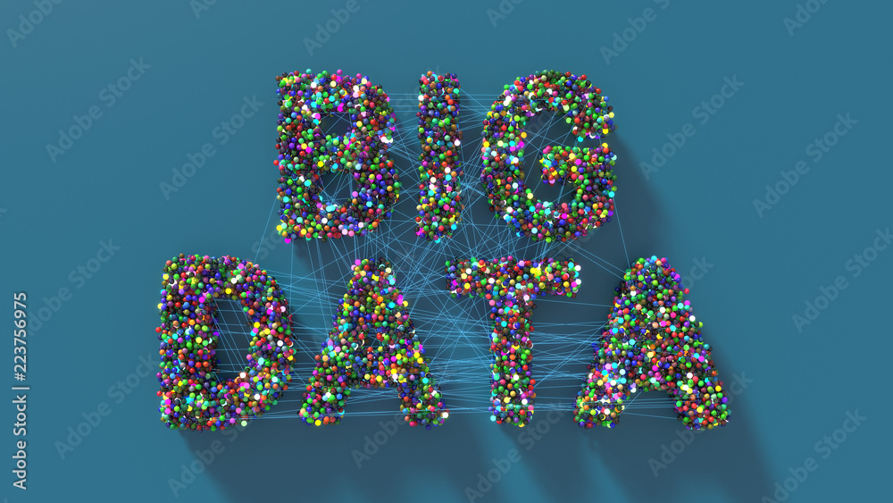 Fototapete 3d render abstract background with big data title made of spheres that connected with lines. data an