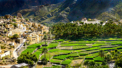 The beautiful mountain village of Balad Sayt sits in front of green fields in Wadi Bani Awf, Oman - obrazy, fototapety, plakaty