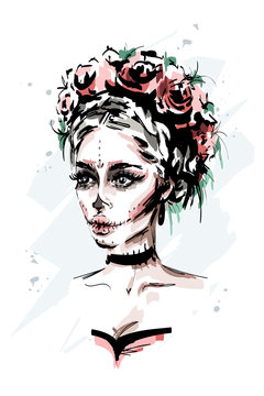 Hand drawn beautiful young woman with santa muerte makeup. Stylish halloween look. Fashion woman portrait. Sketch.