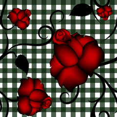 Roses seamless pattern on green squared background