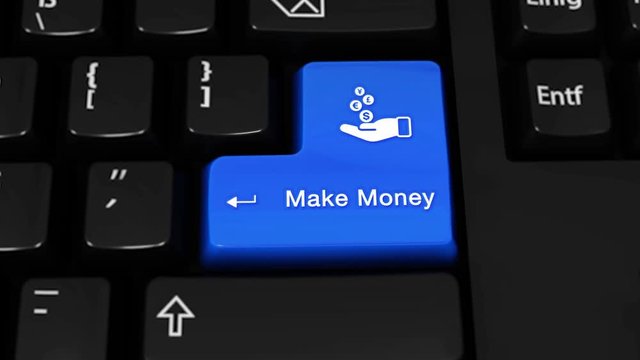 402. Make Money Rotation Motion On Blue Enter Button On Modern Computer Keyboard with Text and icon Labeled. Selected Focus Key is Pressing Animation.