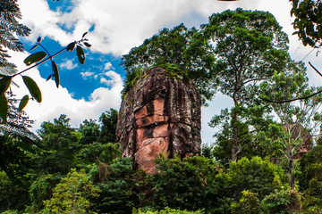 A pillar of rack standing in forest with blue skies at Phu Sing National Park, Bueng Kan Thailand.