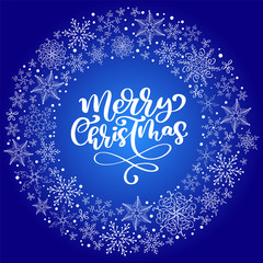 Fototapeta na wymiar Merry Christmas Calligraphy vector text with snowflakes. Lettering design on blue background. Creative typography for Holiday Greeting Gift Poster. Font style Banner