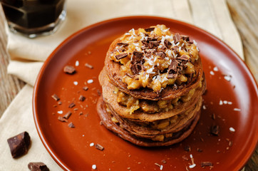 German chocolate pancakes with coconut and chocolate