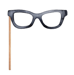 Men eyeglasses photobooth props drawing. One single object, front view. Funny eyewear, party symbol. Hand drawn watercolour painting on white, cutout design element for mood board, template, collages. © Julija
