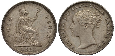 Great Britain British silver coin 4 four pence (groat) 1838, sitting Britannia with oval shield and...