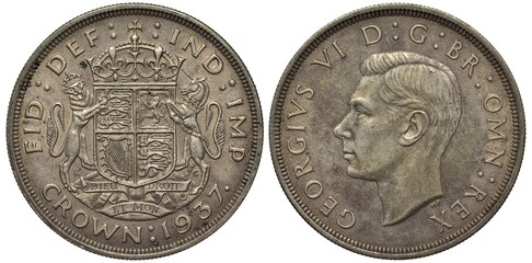 Great Britain British coin 1 one crown 1937, first year, crowned lion and unicorn supporting crowned shield with lions and harp, value and date below, head of King George VI left, circulation wear,